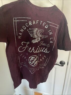 Affliction Men's Short Sleeve Tee Burgundy/Black with Silver Graphic Large NWT
